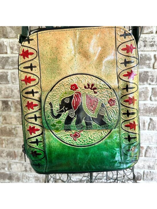 Shantiniketan Elephant Embossed Leather Backpack Handmade in India Travel READ main image 5